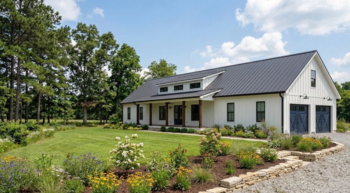 Barndominium with attached two-bay garage and landscaped drive
