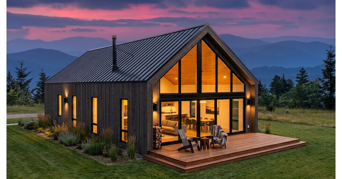 Dark-clad cabin with a glass gable at dusk