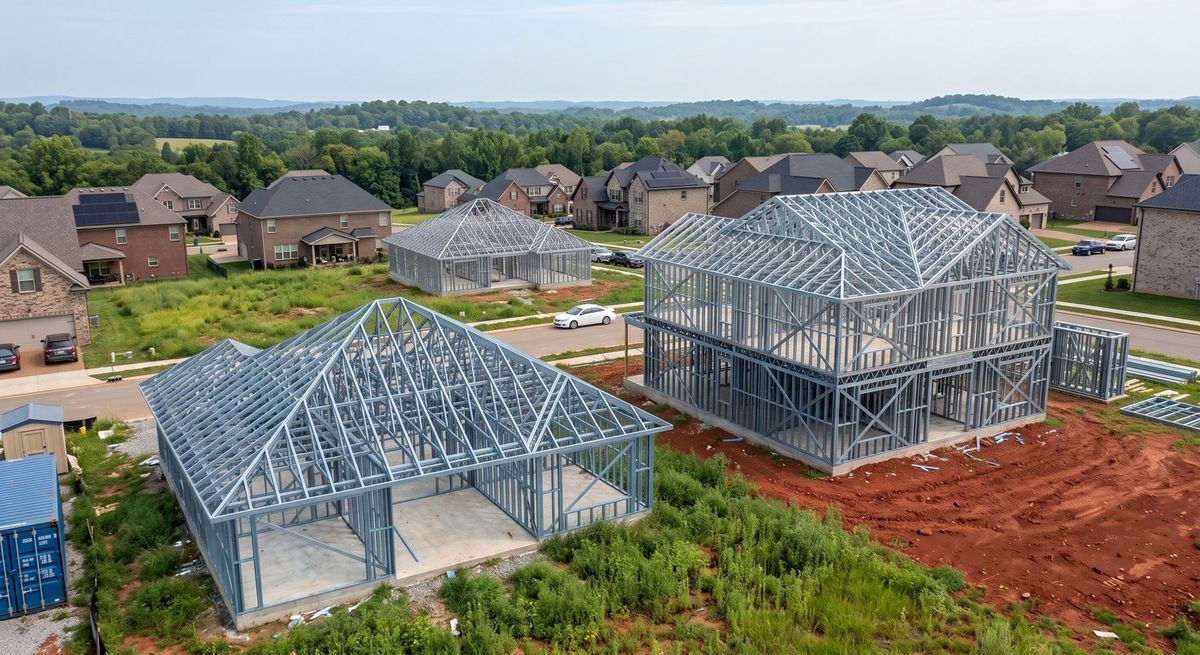 Steel-framed homes going up in a neighborhood