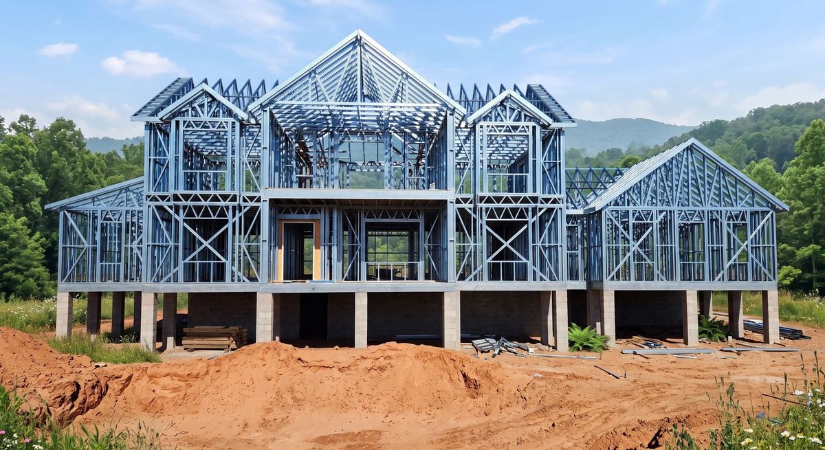 Two-story steel-framed home on a raised foundation