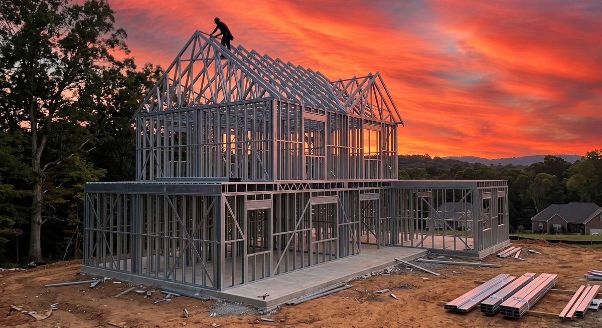 Two-story steel frame at sunset with a framer on the ridge