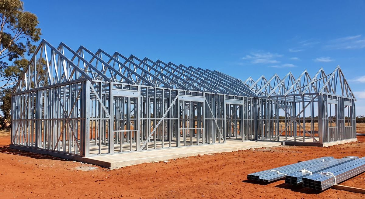 Long single-story steel frame on a slab