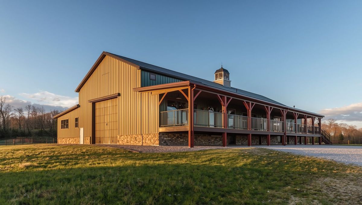 A long single-story steel home with a full-length porch, seen across a field at dusk.