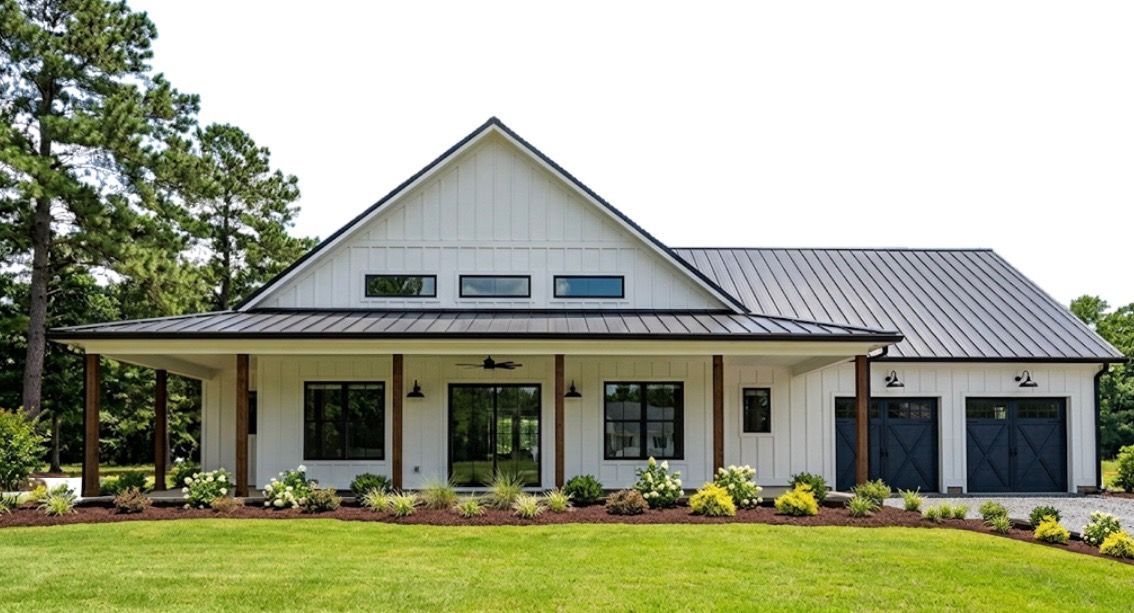 White board-and-batten farmhouse with a deep front porch