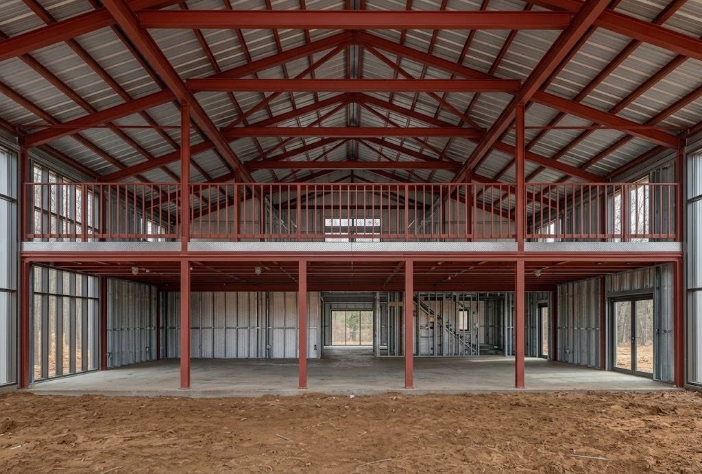 The red steel frame of a home under construction: steel stud walls, a second-floor deck framed and the metal roof already on.
