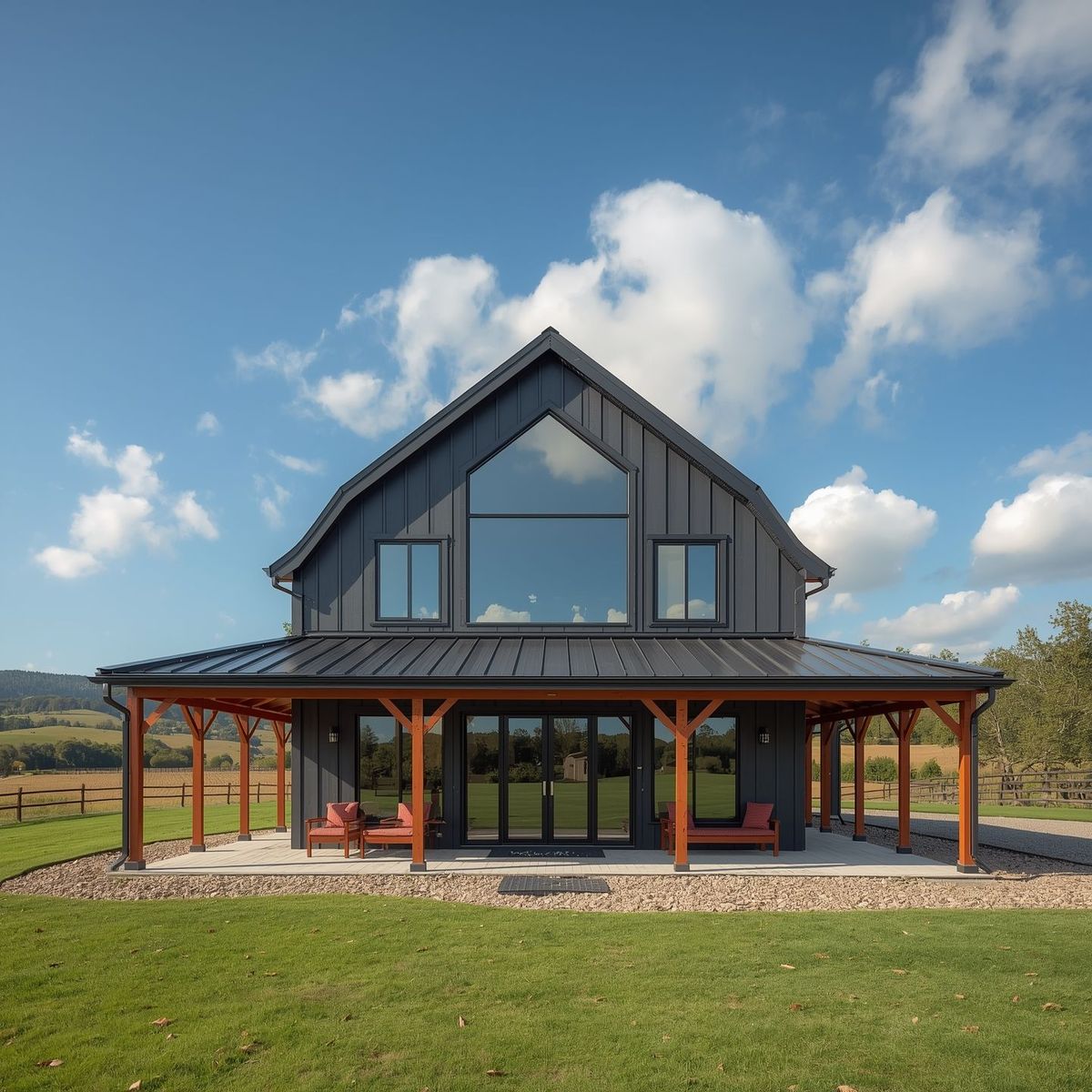 Front elevation of a dark gambrel-roof home with a covered porch and large gable windows.
