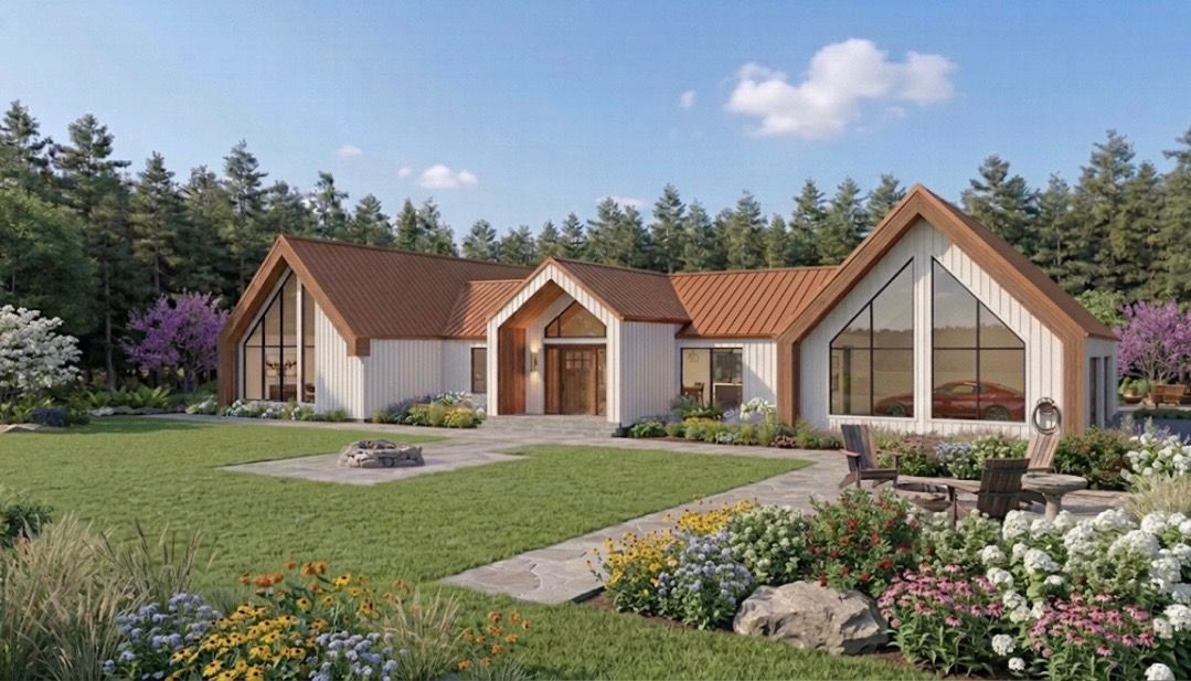 Modern gabled residence with copper roofs and a glass gable