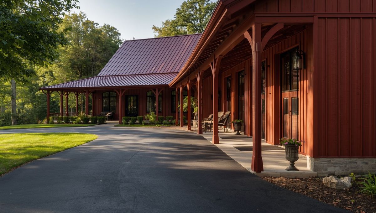 A covered porch with timber posts and a stone base along the front of a steel-clad home, shaded by mature trees.