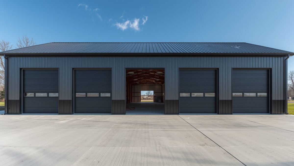 Finished steel shop with four roll-up doors and a drive-through bay