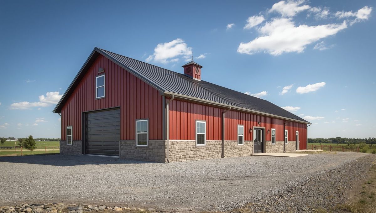 A red steel barn with a cupola, stone wainscot and a large sliding door.