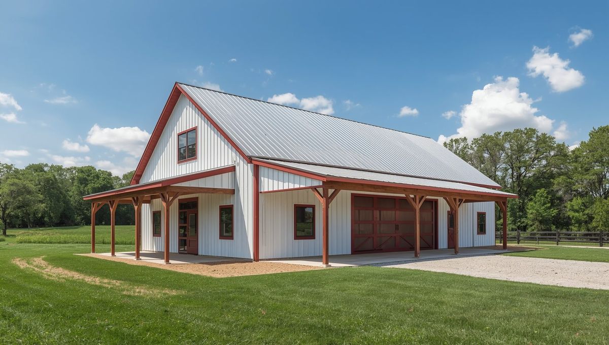 A white steel barndominium with a timber-post wraparound porch and a gray roof.