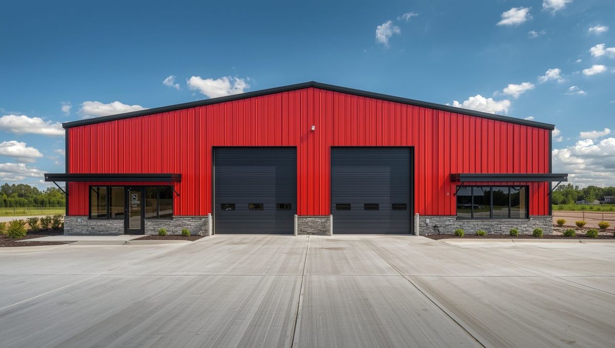 A red steel building with two overhead doors between storefront windows and a stone base.