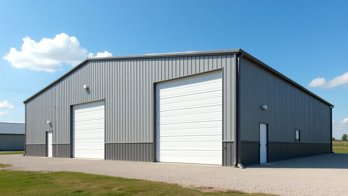 A gray steel shop with two tall roll-up doors and a man door.