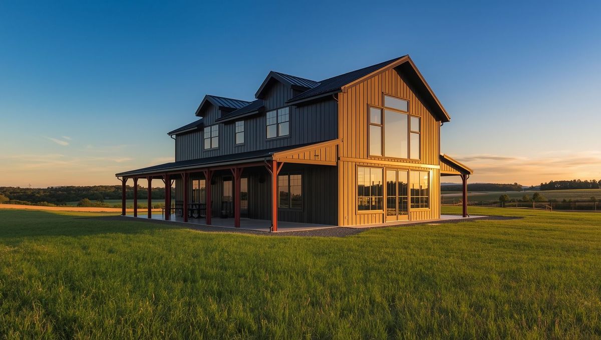 A two-story steel home with a wraparound porch and tall windows, lit from the side at sunset.